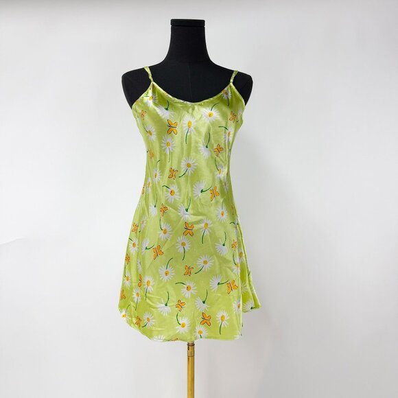 FLORAL SATIN GREEN DRESS SUMMER MINI DRESS - Picture 2 of 9
